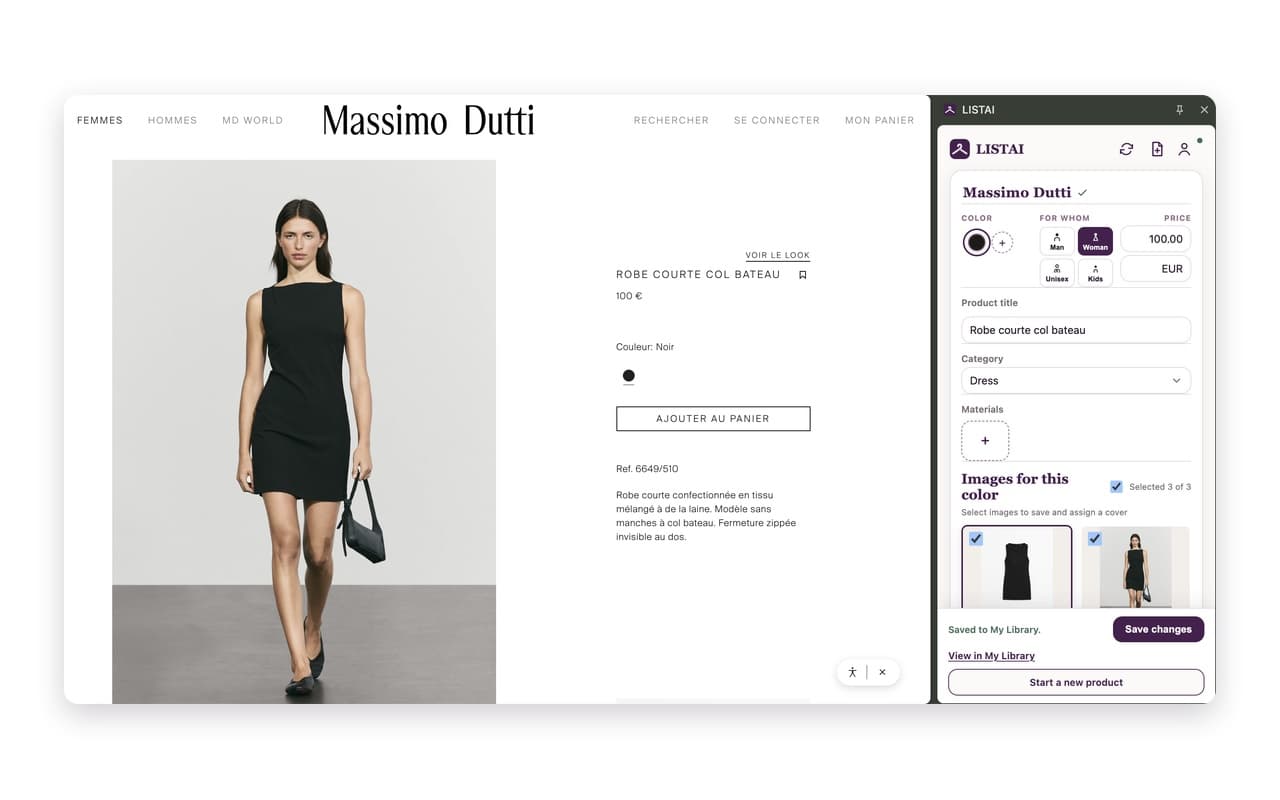 Capturing a product from a store page into the LISTAI panel